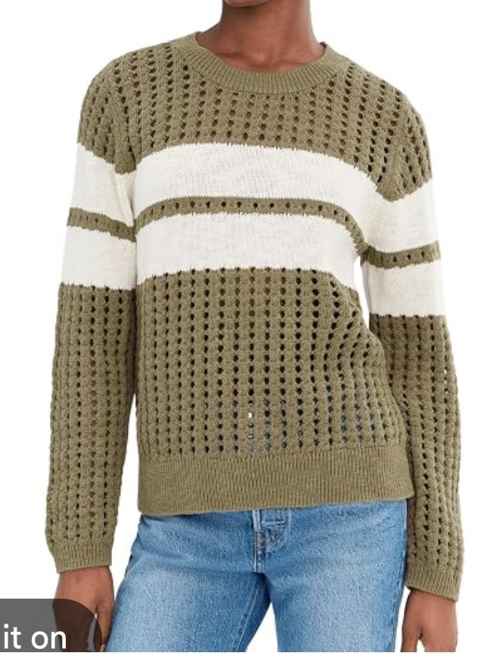 Sanctuary Womens Open Knit Stripe Pullover Crewneck Sweater Olive Green Medium M